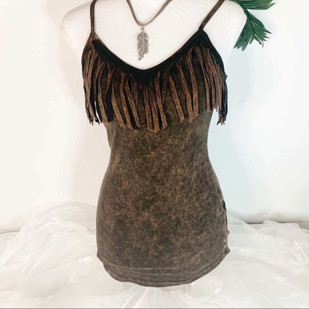 T-Party Fringe Front Cami Tank Top! Mineral Washed Brown
